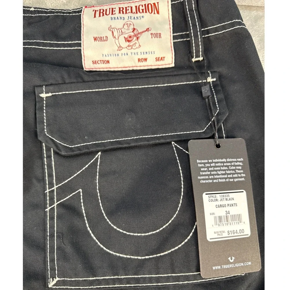 True Religion Cargo Pants Mens 34 Jet Black Contrast Stitch NEW